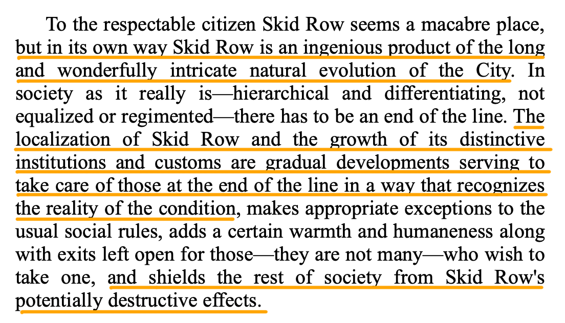 But since liberal solutions are ideological, and almost always contrary to nature, the attempt doesn't solve the "problem," but only displaces it—and makes life worse for both the former residents of Skid Row, and all the other residents of the city