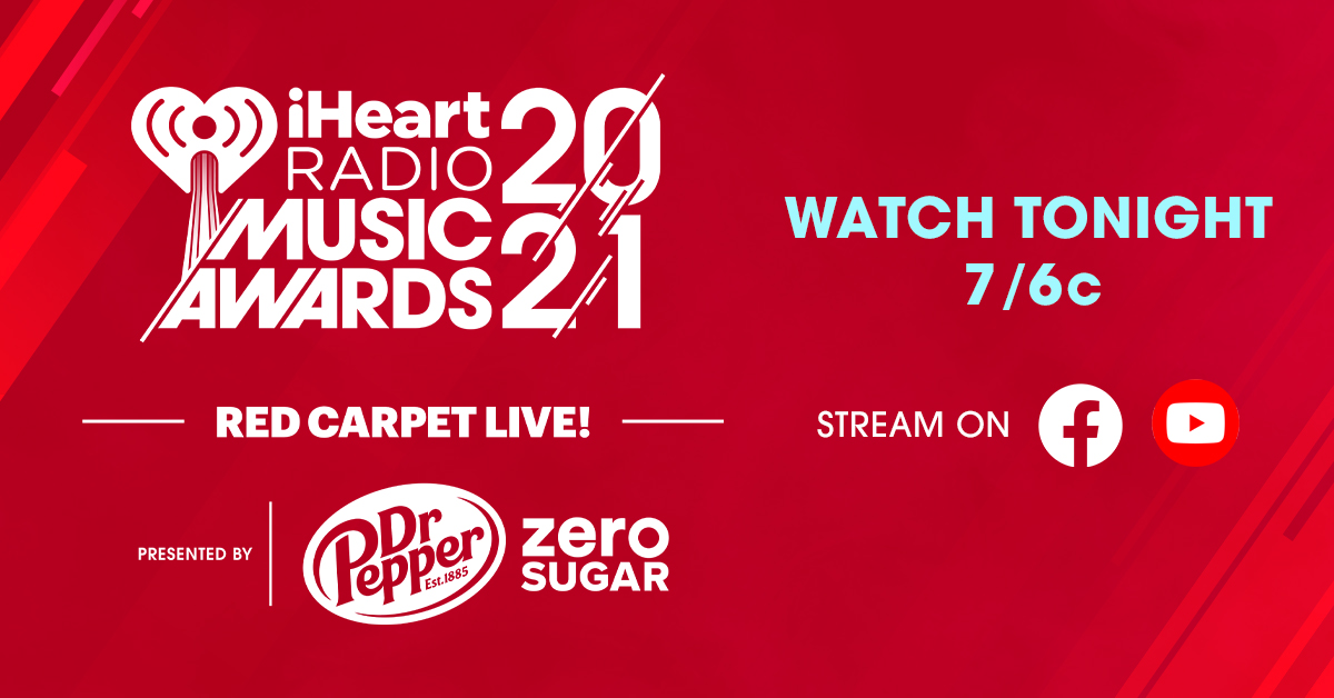 iHeartRadio's tweet photo. TONIGHT‼️ Don’t miss all the excitement from the 2021 iHeartRadio Music Awards Red Carpet Live! Presented by Dr Pepper Zero Sugar. ❤️

Watch LIVE at 7/6c here: https://t.co/G4aCbt5cyJ 

#iHeartAwards2021 #DrPepperZeroSugar @drpepper https://t.co/SwUfzFezHF