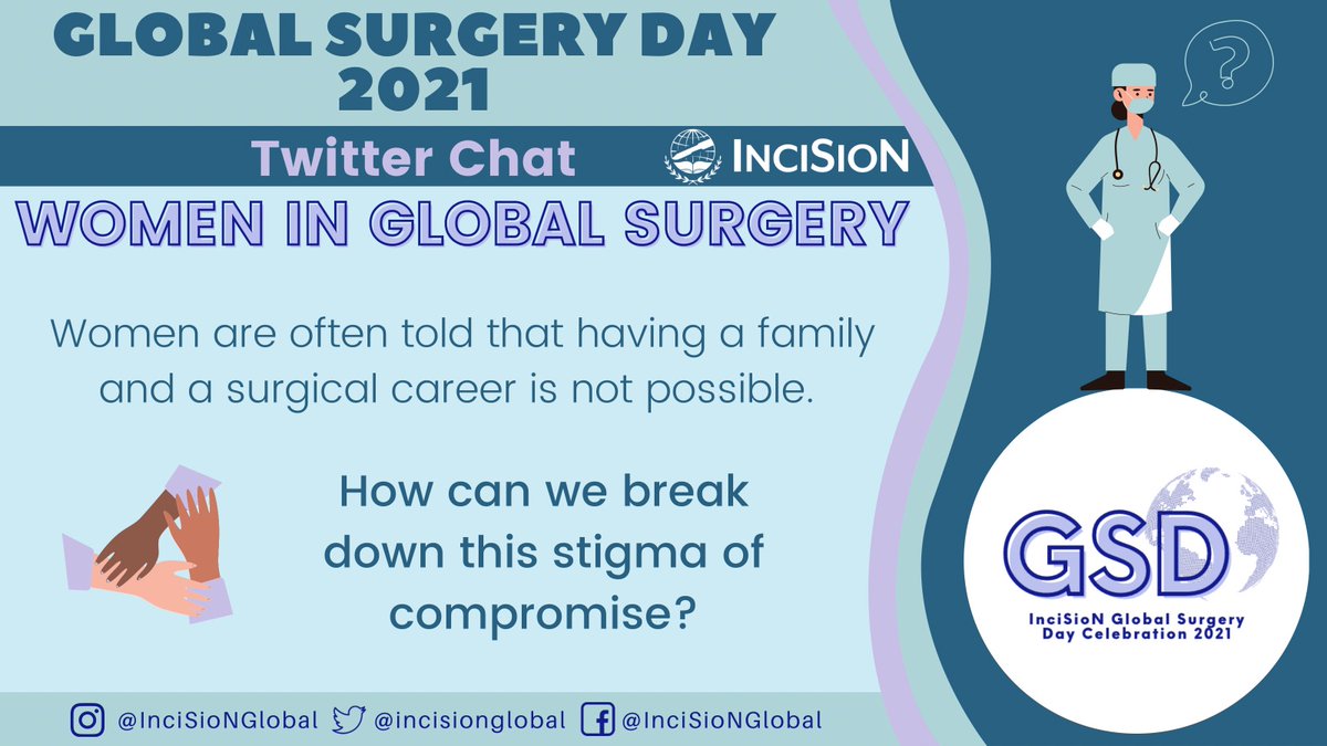 Q3️⃣
Women are often told that having a family and a surgical career is not possible. How can we break down this stigma? 
#WomeninSurgery #GlobalSurgeryDay2021 
#TheFutureoftheOR #GlobalSurgery #Surgery4SDGs
 #ILookLikeASurgeon