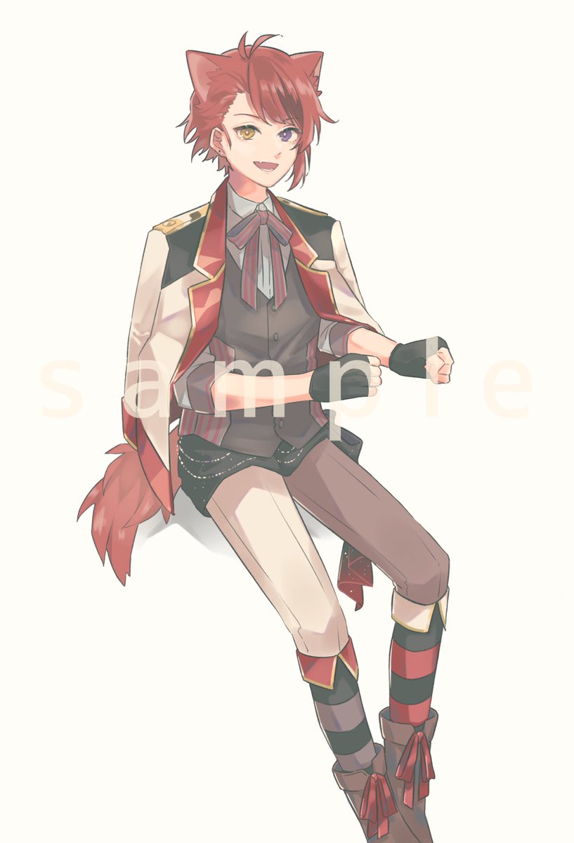 1boy male focus animal ears red hair heterochromia sample watermark gloves  illustration images