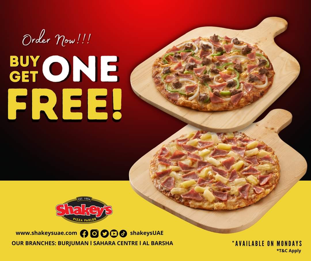 ShakeysUae's tweet photo. How to make someone SMILE?
here is our tip every Monday.
Order our Buy One Get One deal today and tag that someone whom you would share your FREE Pizza.
Order online now!
https://t.co/poMryDlrqI
#ShakeysUAE #shakeyspizza #pizzalover #pizzatime #pizza #whatsforlunch #Buy1Get1Free https://t.co/yKHpMJrJ4H