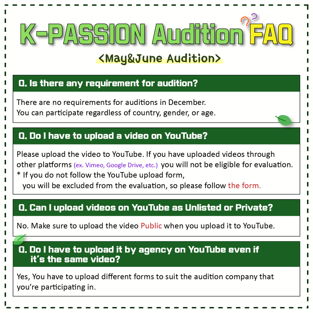 KPOPAUDITION1's tweet photo. [#KPASSION]
This is a May&amp;June Audition ⭐FAQ⭐
Please read the FAQ carefully😆

#Kpopaudition #Online 
#Idol #Dancer #FAQ 
#CJENM #YUEHUA #143ENT https://t.co/xTIThQKV6C