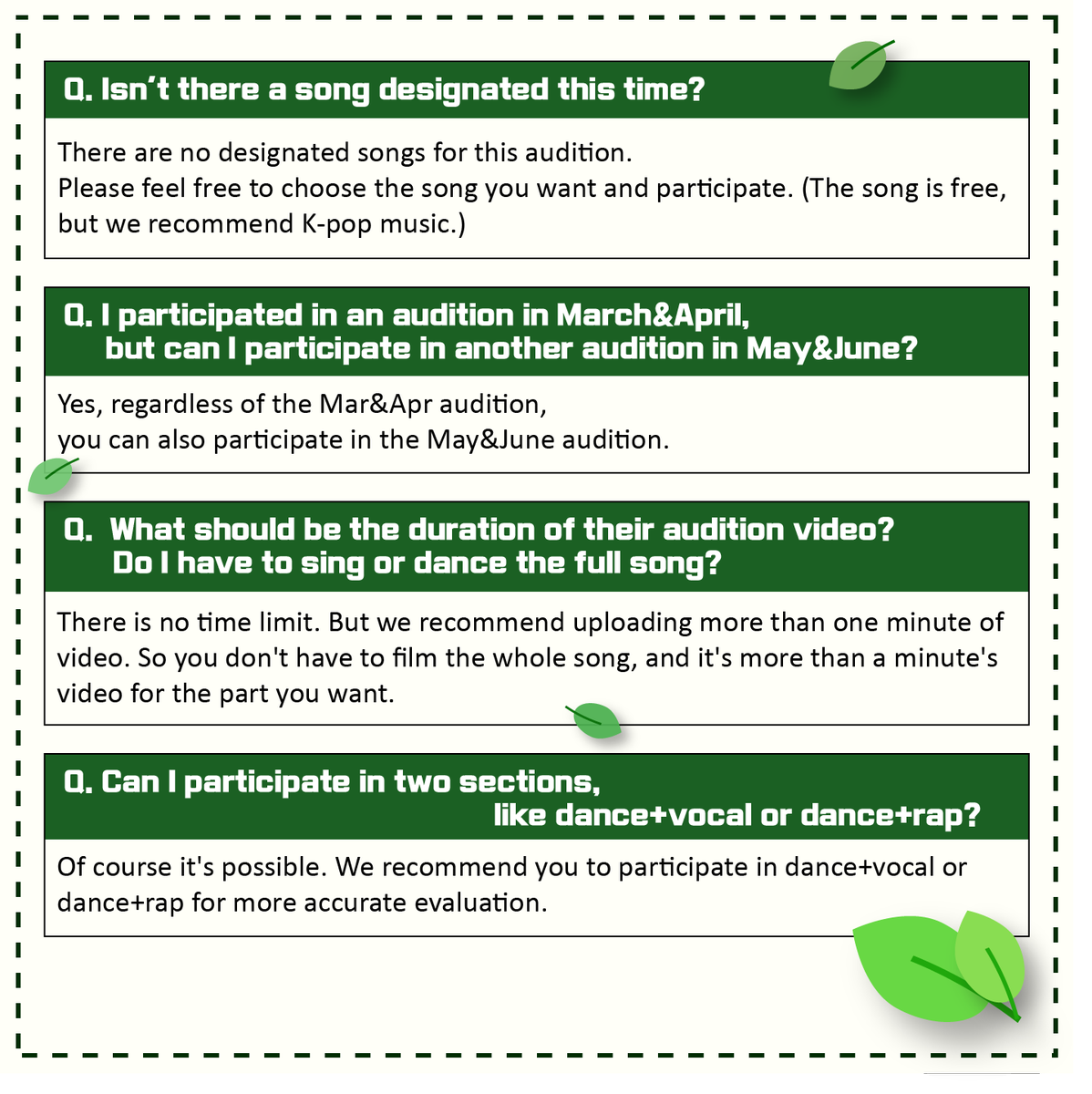 KPOPAUDITION1's tweet photo. [#KPASSION]
This is a May&amp;June Audition ⭐FAQ⭐
Please read the FAQ carefully😆

#Kpopaudition #Online 
#Idol #Dancer #FAQ 
#CJENM #YUEHUA #143ENT https://t.co/xTIThQKV6C