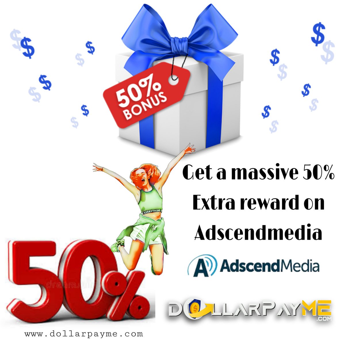 Everyone DollarPayme Team Members We are offering 50% extra rewards on all completions via AdscendMedia today. Make the most of it here: dollarpayme.com/AdscendMedia This offer has been started from today. #paidsurveys #makemoneyonline #getpaidextra #dollarpayme