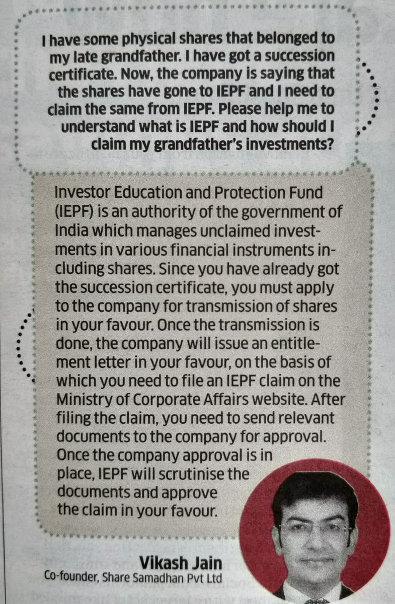 IEPF query? <a href="/JainVikash/">Vikash Jain</a> ,co-founder at <a href="/Sharesamadhan/">Share Samadhan</a>  responding to query relating to Old physical share of deceased investor.

#IEPFclaim #transmission #physicalshare