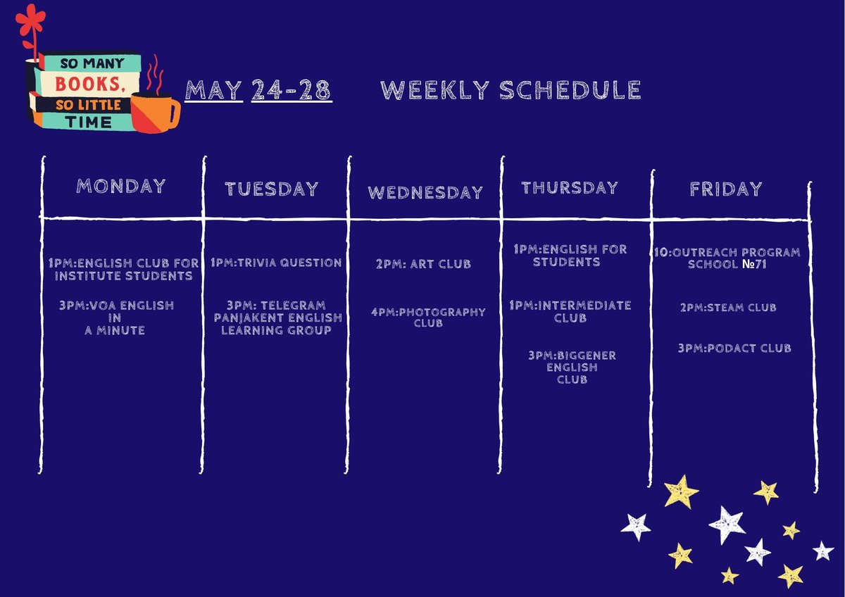 ASPanjakent's tweet image. Dear friends😀
➡️Please takea look to our weekly schedule for
 May24-28
 Welcome and join our programs.
📎Before entering to the Space don&apos;t forget to wear your masks!
#Americanspacepanjakent
#VirtualPrograms
#inpersonprograms
#trainings
#забонианглисӣ
#americanspacepanjakent