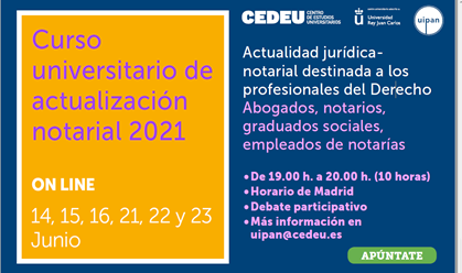 uipan_asociacio's tweet photo. #CursoActualizaciónNotarial
Que gran oportunidad de formarte.
Grandes especialistas abordarán temas de actualidad necesarios para tu trabajo diario.
Por solo 100 € obtén un diploma universitario.
Se imparte los días expuestos a las 19,00 horas (horario de Madrid).
Te esperamos. https://t.co/5LXkcrBkt3
