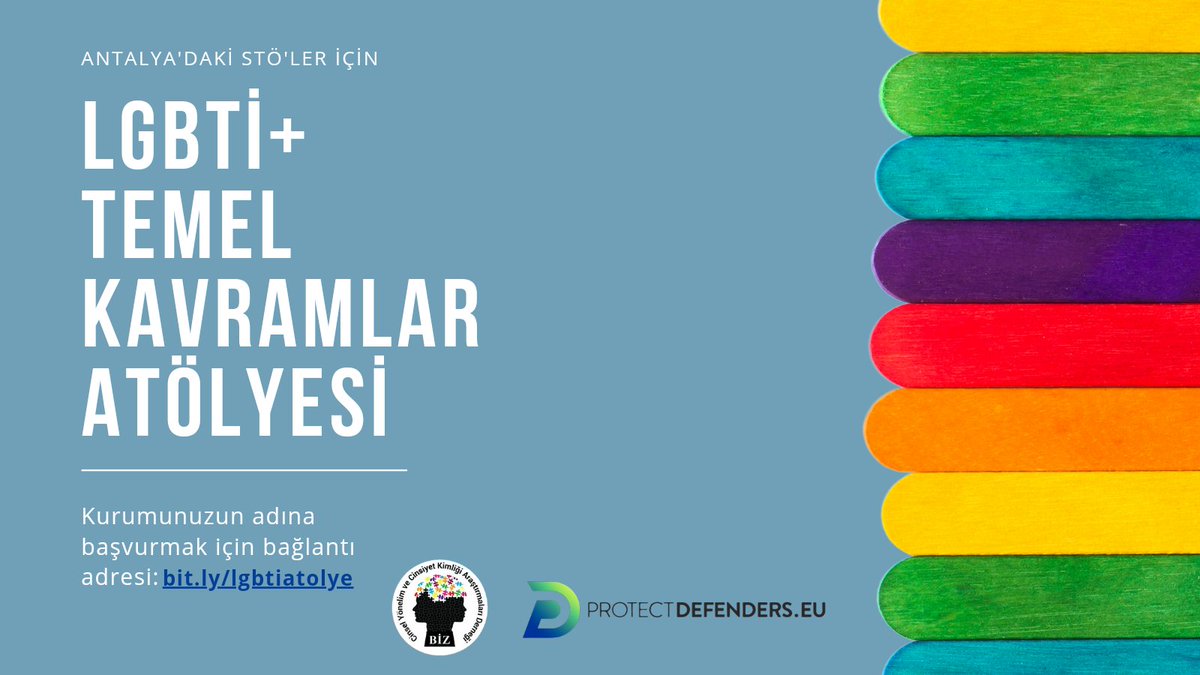 📣 Derneğimizin ProtectDefenders desteğiyle yürüttüğü Antalya'daki kurumlar için LGBTİ+ Temel Kavramlar Atölyesi'ne kurumunuzca katılmak ister misiniz? LGBTİ+ temel kavramlarını ve politikadaki önemini konuşacağımız atölyeye kurumunuz adına başvurmak için bit.ly/lgbtiatolye