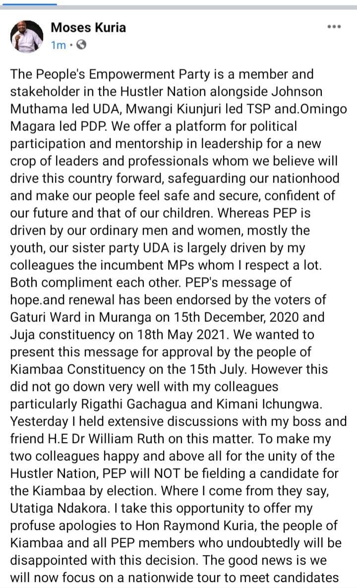 Edmond Koech On Twitter Gatundu South Mp Moses Kuria Says People Empowerment Party Pep Has Withdrawn From The Kiambaa By Election Race Says This Is After Consultation With Dp William Ruto Https T Co Iakc8hs6o1