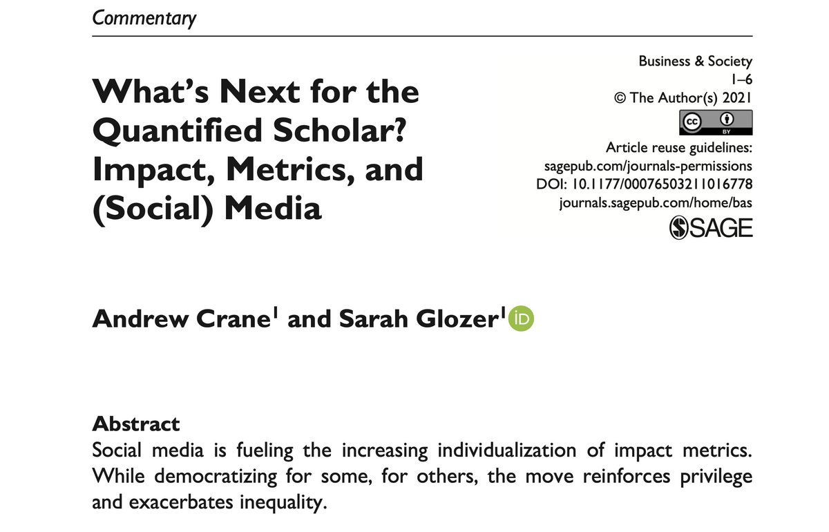 ethicscrane's tweet photo. "As business and society scholars, we need to take #impact metrics seriously and be mindful of who they will advantage and who they will disadvantage." Measuring scholarly impact - especially using social media metrics - is a problem. https://t.co/E66XX9rKhX https://t.co/GdSgZApYrD