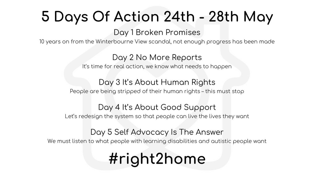 10 years on from the Winterbourne View scandal & sadly not enough has changed. People with learning disabilities & autistic people are still being detained and not getting the right support.
Today marks the start of a week of action leading up to the anniversary. #Right2Home ✊