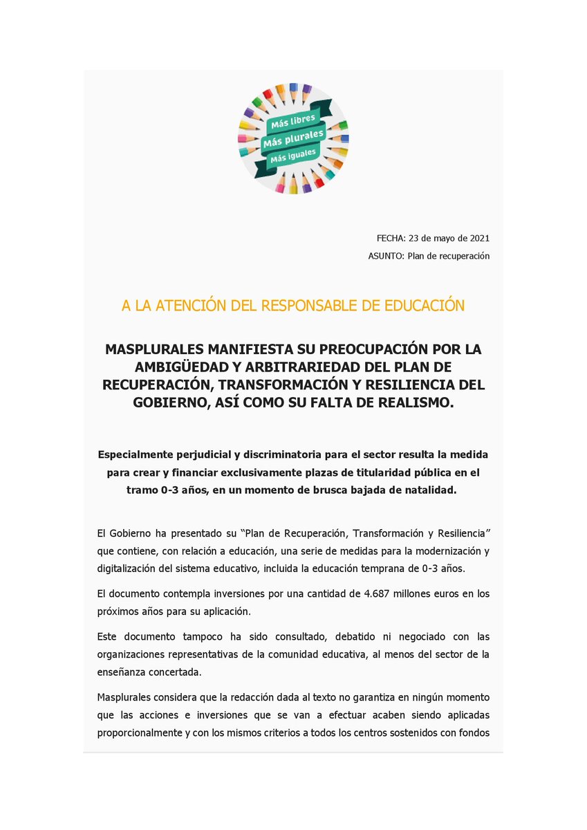 aaguilo's tweet photo. MasPlurales manifiesta su preocupación por la ambigüedad y arbitrariedad del Plan de Recuperación, Transformación y Resiliencia del Gobierno, así como su falta de realismo: https://t.co/0aeO4d3pYx 
@MasPlurales @CECEducacion https://t.co/F48pGYbgJE