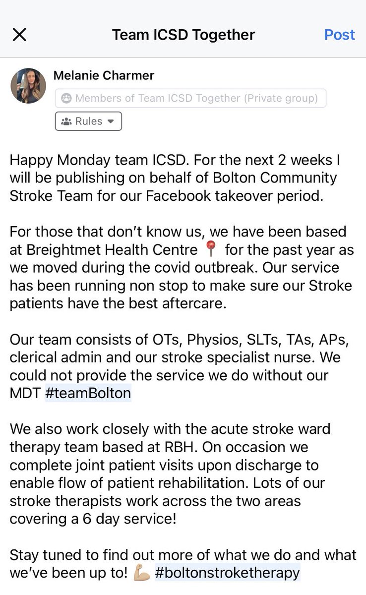 melcharmerOT's tweet photo. Happy Monday. Today I start the 2 week Facebook takeover on behalf of Bolton Community Stroke Team. #teamICSD #boltonstroketherapy #boltonAHPs https://t.co/8TyF2icLWs