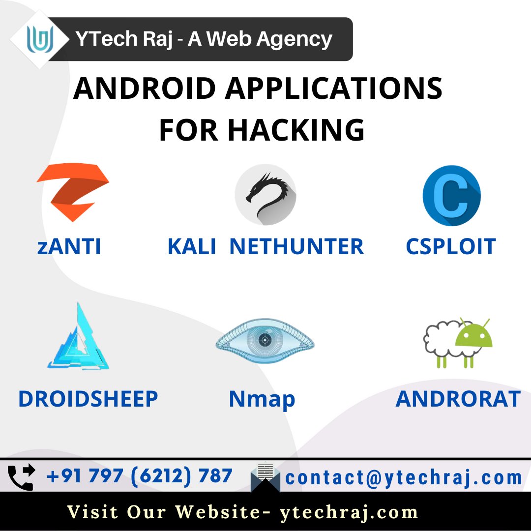 a_ytech's tweet image. Android applications for hacking.
🌐 ytechraj.com
📧 contact@ytechraj.com
📞 797-621-2787
.
@ytech_raj 
.
#zANTI #kalinethunter #csploit #droidsheep #Nmap #androrat #androidapps #apps #android #hacking #hackinglife #hackingtheplanet #hacking4humanity #hackingyoungsters