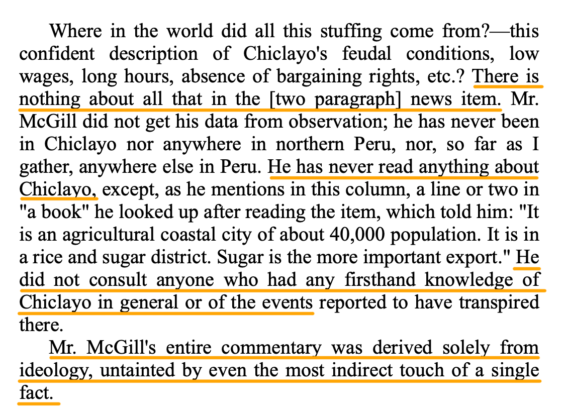 Burnham moves on to journalists. Five people die in a Peruvian strike. No other information is known, but syndicated reporter Ralph McGill "fulfilled his liberal duty to enlighten us" as to the truth: "feudal conditions obtain in Chiclayo"Burnham, skeptical, digs up the facts: