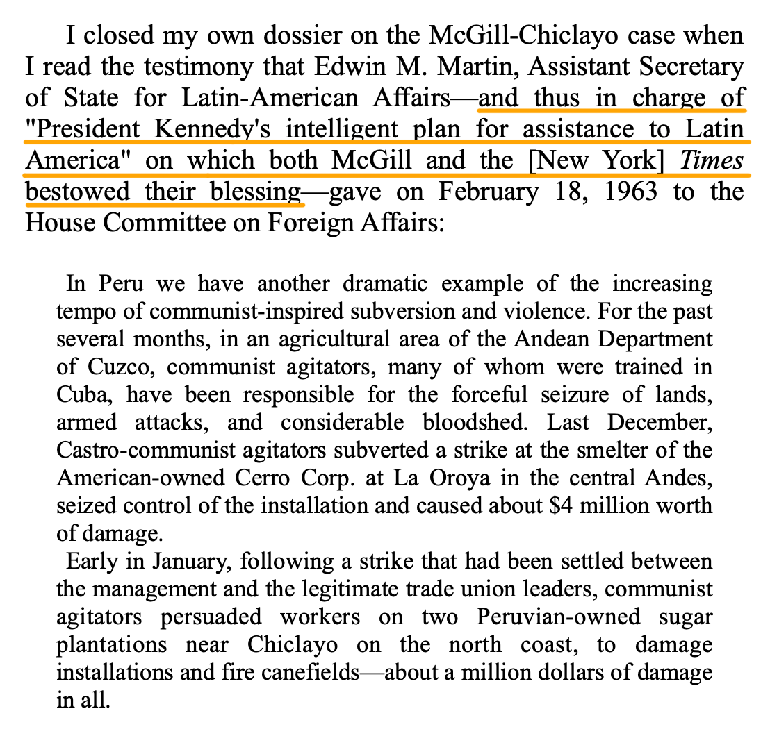 Burnham moves on to journalists. Five people die in a Peruvian strike. No other information is known, but syndicated reporter Ralph McGill "fulfilled his liberal duty to enlighten us" as to the truth: "feudal conditions obtain in Chiclayo"Burnham, skeptical, digs up the facts: