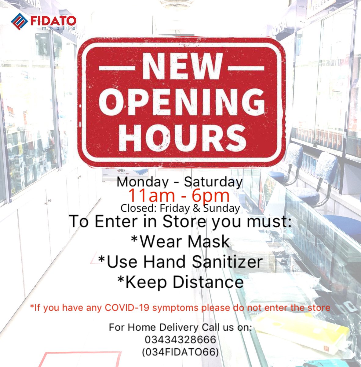 fidatomobile's tweet photo. New Opening Timings starting from today. Please stay safe, wear mask &amp; sanitize. #FidatoMobile #HomeDelivery #OpenNow #NewOpeningHours https://t.co/02SiqdpxGt