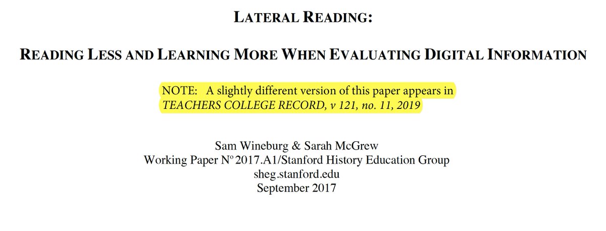 I just read a *great* paper on digital literacy. The authors explore how three different groups—Stanford students, professional academic historians, and fact checkers—evaluate the reliability of online information.  https://papers.ssrn.com/sol3/papers.cfm?abstract_id=3048994