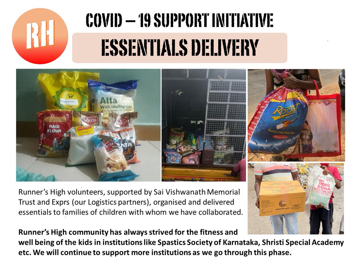 rh_runnershigh's tweet photo. Runner's High Volunteers, supported by Sai Vishwanath Memorial Trust and Exprs (our Logistics partners), organized &amp; delivered essentials to families of children with whom we have collaborated.
We will continue to support more institutions as we go through this phase.
@TheExprs https://t.co/9H7W7kemu8