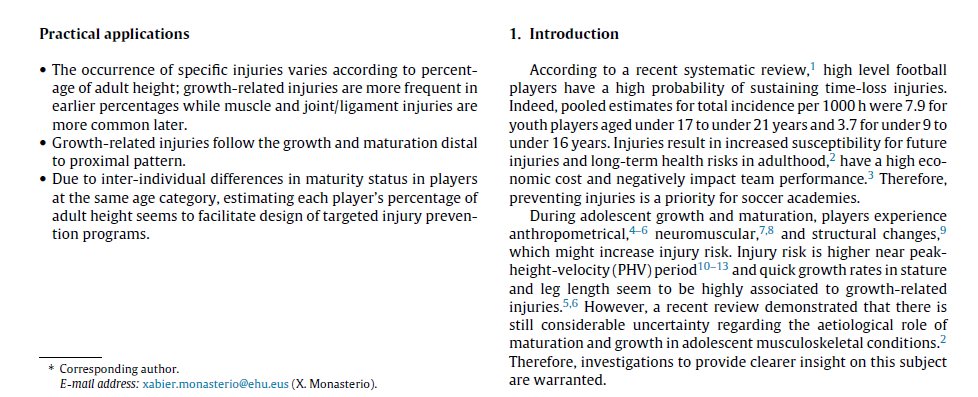 ryanbowen_'s tweet photo. Interesting study.
'Injuries according to the percentage of adult height in an elite soccer academy'. 
Data from Athletic Bilbao Academy. 
Injuries follow a specific sequence pattern
according to percentage of adult height.
Maturity specific injury prevention programs advised. https://t.co/MMzQZLXAYw