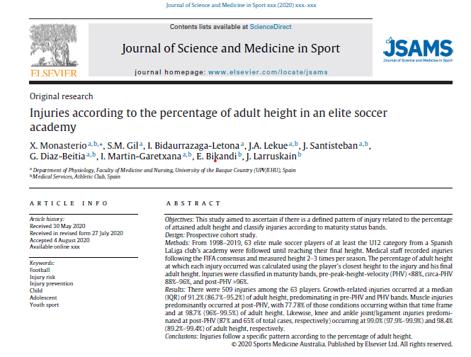 ryanbowen_'s tweet photo. Interesting study.
'Injuries according to the percentage of adult height in an elite soccer academy'. 
Data from Athletic Bilbao Academy. 
Injuries follow a specific sequence pattern
according to percentage of adult height.
Maturity specific injury prevention programs advised. https://t.co/MMzQZLXAYw