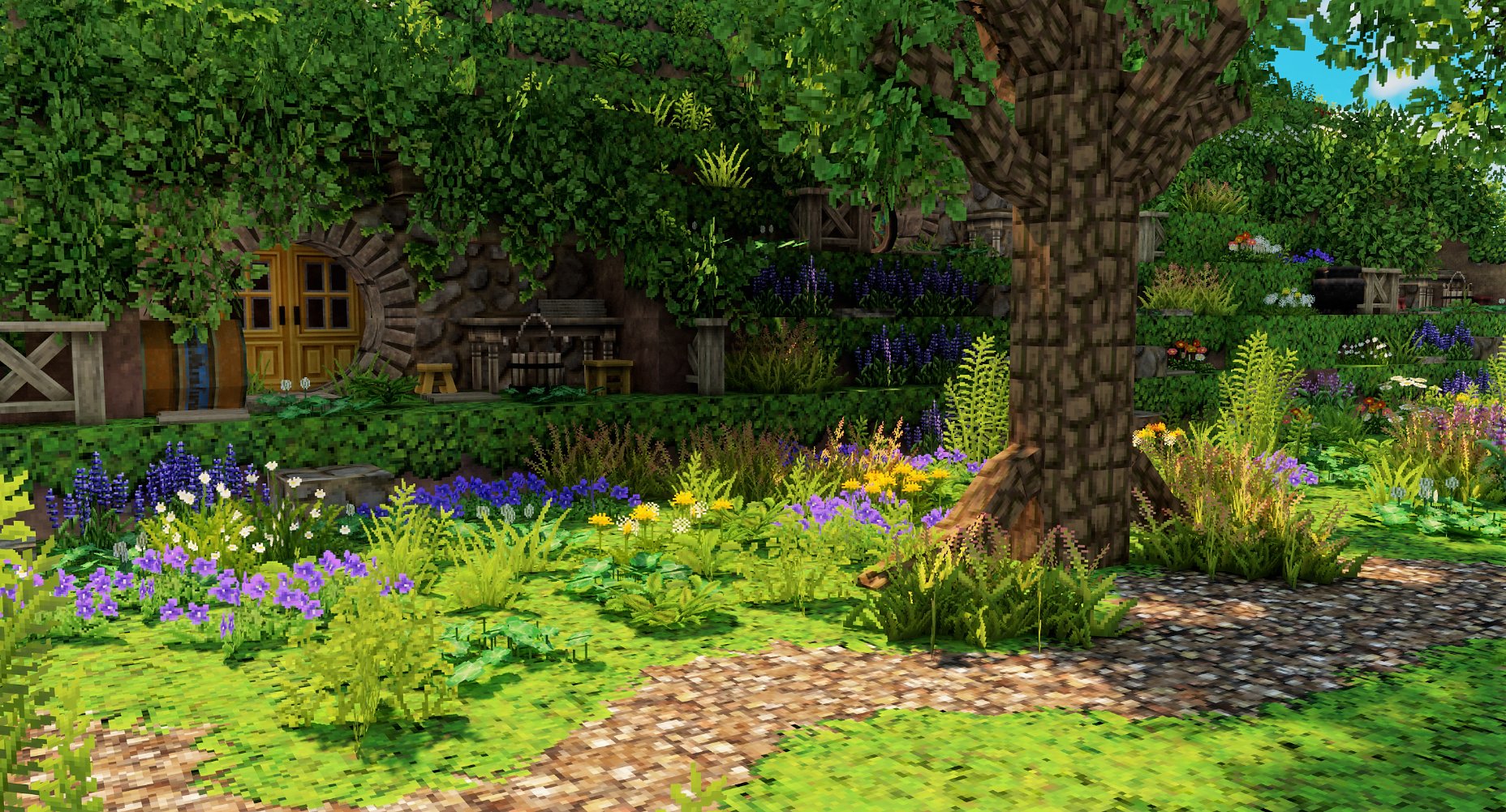 Milk猫 Miniaturia Minecraft Minecraft緑化推進委員会 ハーブ園の裏山で学校の左側に 子供たちの秘密基地を生やしました 赤青黄の信号機の色みたいな ホビットハウスです 艸 T Co T8wz9oarah Twitter