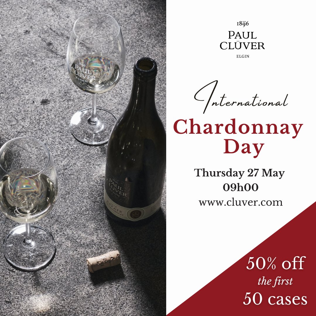 GET READY: Set your reminder for 09h00 on Thursday 27 May - we’ll be running our unbeatable deal of 50 cases of Estate Chardonnay at 50% off for #ChardonnayDay! 

Includes free delivery nationwide in South Africa. T&amp;Cs apply.