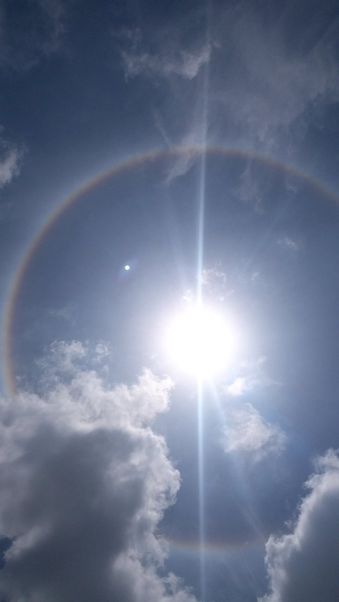 divya_sharmaMD's tweet photo. Noon beauty- Halo around sun, Circular rainbow seen today. You may step out to see this beauty of nature, visible right now!  #Bengaluru #RainbowPic #CirrusCloud https://t.co/0W0FKQzupw