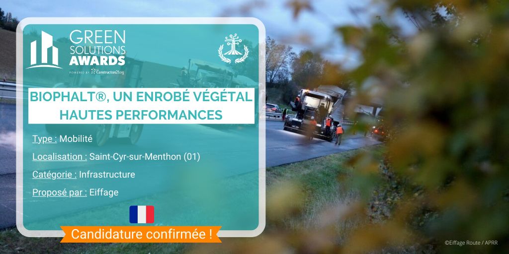 eiffage's tweet photo. Biophalt® est un enrobé composé de #MatériauxBiosourcés. Développé par #EiffageRoute, il est aussi résistant qu'un enrobé classique et dispose d'une #EmpreinteCarbone neutre.

📩Votez jusqu'au 31 mai aux #GreenSolutionsAwards : https://t.co/dAFttSR4Rz #HumanPerspective https://t.co/5OExZsW9Fd