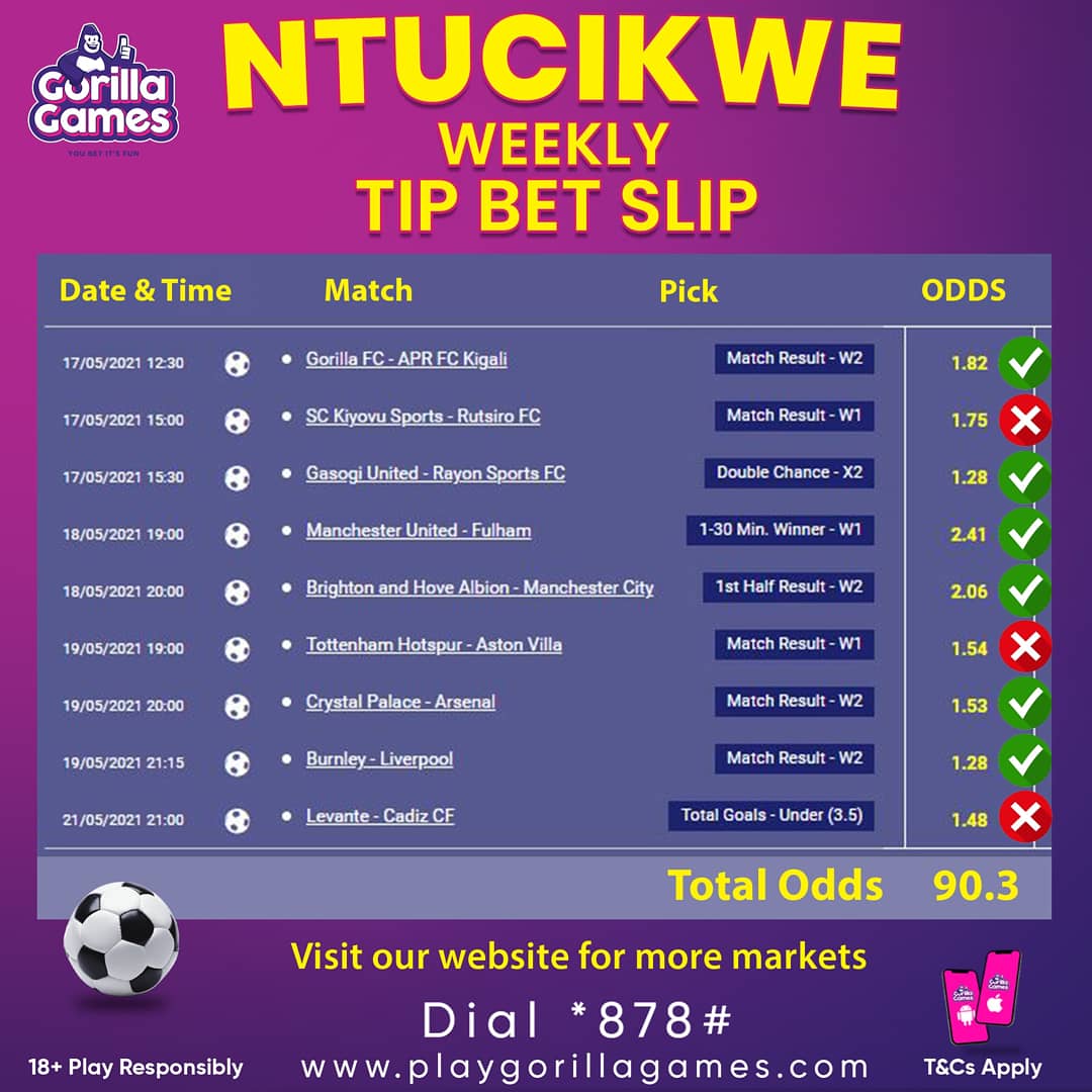 GorillaGamesRw's tweet photo. ⚽🏀Ibi ni ibyavuye mu mikino yabaye mu cyumweru gishize. Murabibona mute?
Ese ni iyihe mikino mwatsindiye? Ni mutubwire.

#betslip #Football #Stayconnected #Ntucikwe #SpecialWeekendPicks #GorillaGames #FootballFans https://t.co/QIoeiqrt0d
