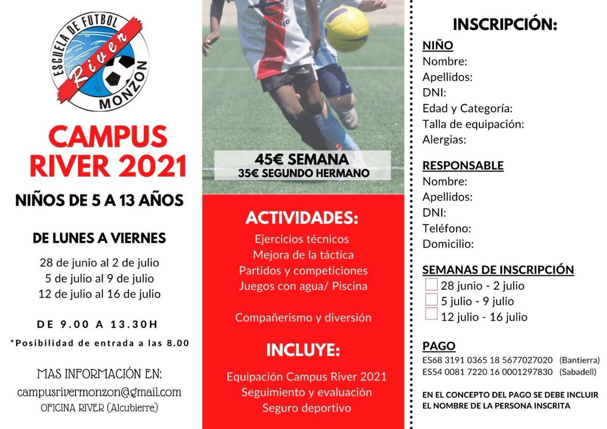 RiverMonzon's tweet photo. 📬 CAMPUS | Todavía estás a tiempo de inscribirte al #CampusVeranoRiverMonzón. ¡NO TE LO PIERDAS!

ℹ️ +info en las oficinas del club.

🔴⚪ #CampusRiverMonzón https://t.co/r7CgJnTaLR