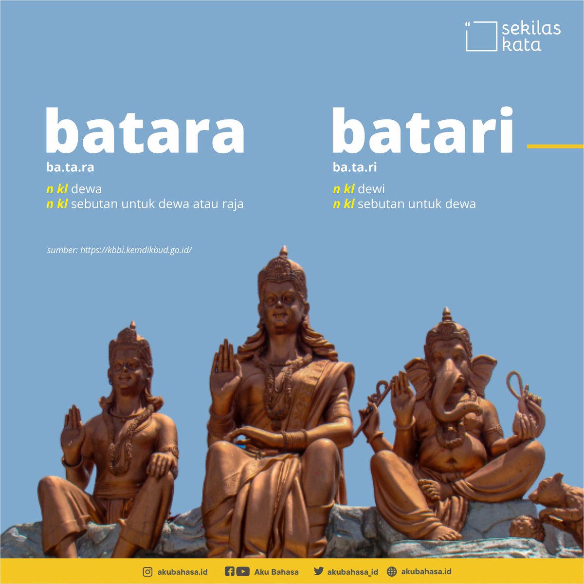 akubahasa_id's tweet photo. Dewa dalam budaya Jawa disebut sebagai Batara (pria) atau Batari (perempuan). Coba, siapa Batara dan Batari yang kamu ketahui?
https://t.co/G1pWMc9s4O
https://t.co/6wizeM7nZH
#sekilaskata #batara #batari #dewa #bahasaindonesia #akubahasa https://t.co/y1N7Gl66Lt