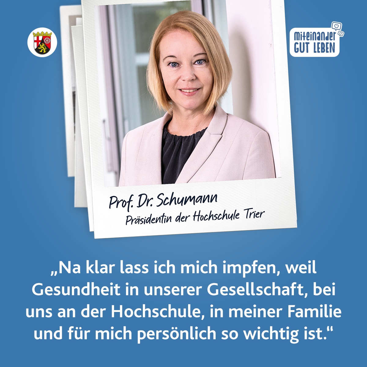 #Impfung, weil #Gesundheit in unserer Gesellschaft, an der Hochschule, in der Familie und persönlich so wichtig ist - ein guter Grund für Präsidentin <a href="/HochschuleTrier/">Hochschule Trier</a>, Prof. Dr. Schumann, sich #impfen zu lassen. Informationen zu Impfungen in #RLP: corona.rlp.de/de/impfen/