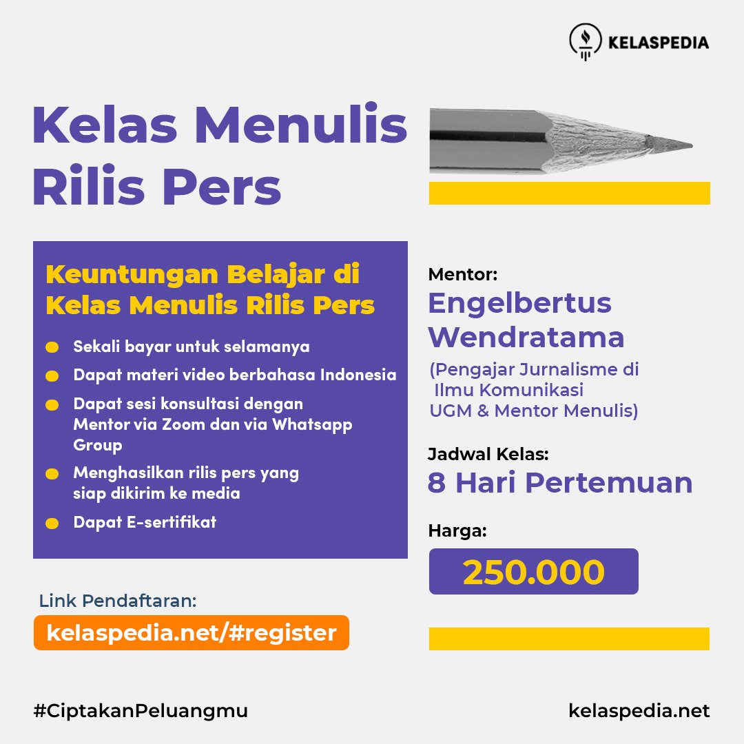 kelaspedia_id's tweet photo. Haloo, Skillers. Buat kalian yang tertarik dengan dunia jurnalistik, ada kelas baru yang bisa kalian ikuti!!!

Di kelas ini, kalian akan dibimbing oleh mentor kelas sampai tulisan kalian siap dirilis di media.

Segera daftar sekarang :
Pretty 085900399789
https://t.co/kkKnA0kW4w https://t.co/7AugtO4eYJ