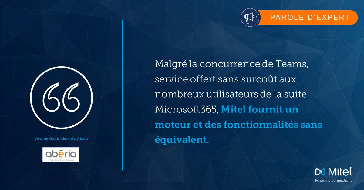 Mitel_FR's tweet photo. [🎤 Alerte Interview] Retrouvez dès à présent l’#interview de Jérôme Giotti, gérant d’ #Aberia pour @frsilicon
Pour lire l’article, c’est ici 👉 https://t.co/oxelFY3jpg 

#mitel #cloud  #StrongestTogether #PartnerFirst
@ChamyChr https://t.co/JlHhJ9zhRx
