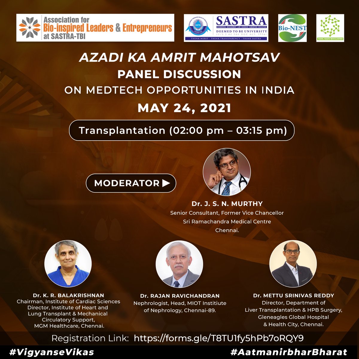 Second session on Transplantation will be addressed by Dr. KR Balakrishnan, MGM Healthcare, Dr. Rajan Ravichandran, MIOT &amp; Dr. M. Srinivasa Reddy, Global Hospitals at 3.00 pm today. <a href="/SastraUniv/">SASTRA Deemed University</a> <a href="/BIRAC_2012/">DBT-BIRAC</a> <a href="/DBTIndia/">Department of Biotechnology</a> <a href="/SVaidhyasubrama/">S.Vaidhyasubramaniam</a> <a href="/TNBiocluster/">TN Bionest Cluster</a>