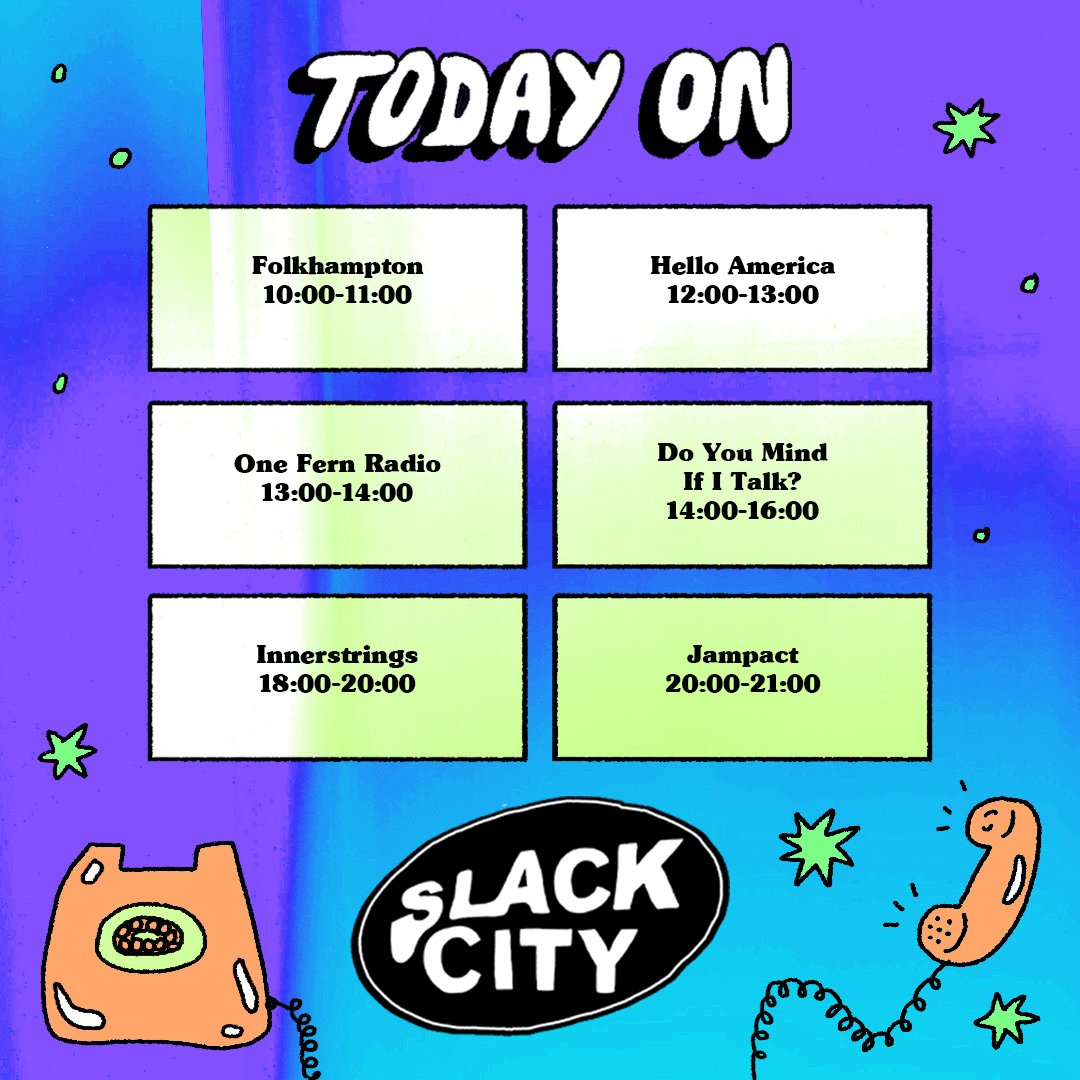 slackcityradio's tweet photo. Monday in Slack City. Hear it on https://t.co/aS5ORxZjA6 and DAB
@folkhampton // #HelloAmerica // @onefernrecords // @_dick_dent // @inner_strings // #Jampact
Artwork by Emily Wallace | @PrezEdBrighton | #SlackCityRadio https://t.co/N36oRmlZ3P