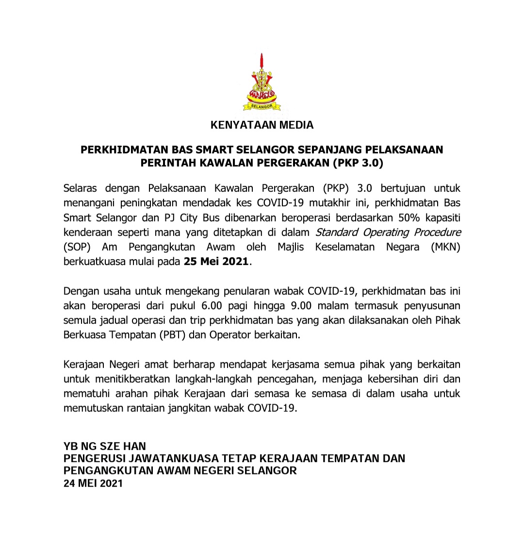 ngszehan's tweet image. KENYATAAN MEDIA

Perkhidmatan Bas Smart Selangor sepanjang pelaksanaan Perintah Kawalan Pergerakan (PKP 3.0)

#bassmartselangor