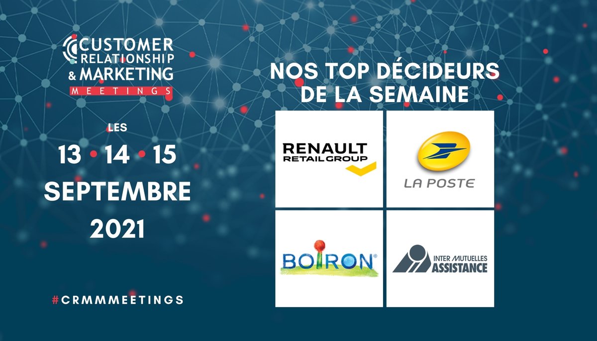 Ils ont des besoins #MarketingDigital ou #RelationClients et seront présents du 13 au 15 sept. 2021 aux #CRMMmeetings !

Bienvenue à @GroupeLaPoste , @GroupeIMA , @RRG_fr et #BOIRON  !

Devenez Top Décideur→ …lationship-and-marketing-meetings.com/top-decideurs

Devez exposant→ …lationship-and-marketing-meetings.com/exposer