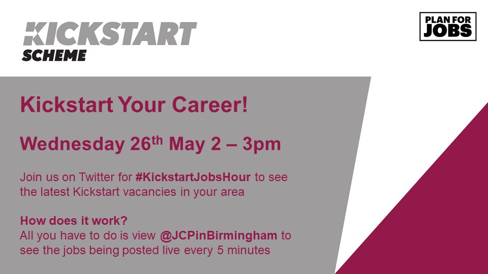 Kickstart Your Career 🚀

Join us this week for #KickstartJobsHour, an hour dedicated to the latest Kickstart 6 month paid job placements across your travel to work area📍

📅Wednesday 26th May
🕑 2pm to 3pm

Open to everyone who is aged 24 or under and claiming Universal Credit