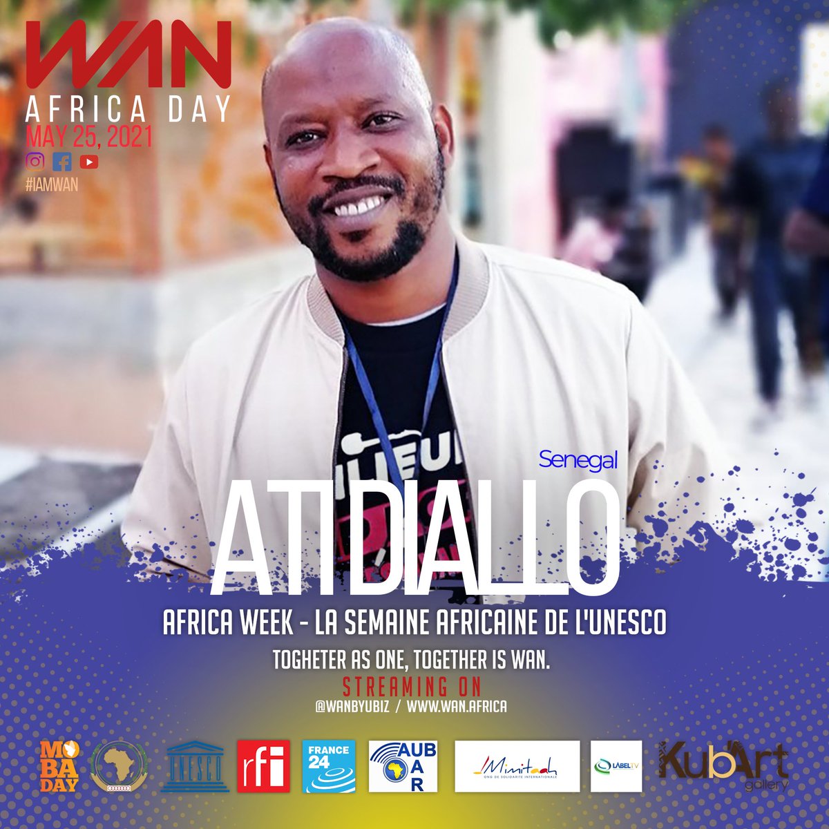 WANbyUbiz's tweet photo. Africa Day 25 May 2020 by WAN PROGRAMM
Show: 8pm in Paris, 6pm in Dakar, 7pm in Yaoundé
Live streaming concert: 10pm in Paris, 8pm in Lomé, 7pm in Bangui
#unesco #africanunion #rfi #france24 #africaday #mobaday @pierredjemis @atidiallo https://t.co/sR2i3AKsIi