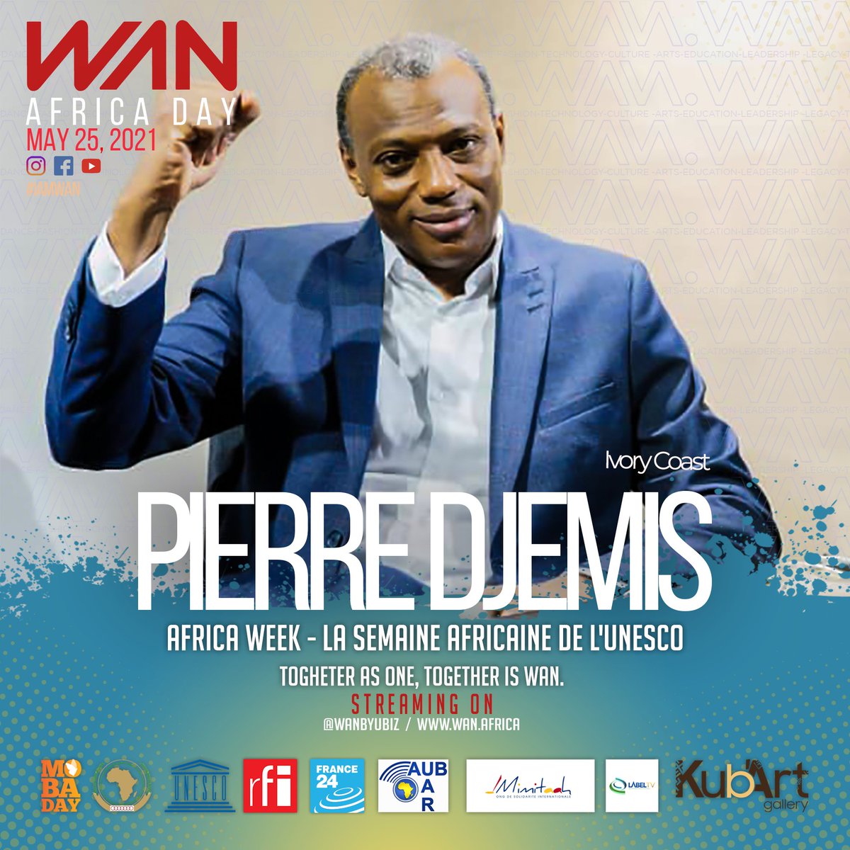 WANbyUbiz's tweet photo. Africa Day 25 May 2020 by WAN PROGRAMM
Show: 8pm in Paris, 6pm in Dakar, 7pm in Yaoundé
Live streaming concert: 10pm in Paris, 8pm in Lomé, 7pm in Bangui
#unesco #africanunion #rfi #france24 #africaday #mobaday @pierredjemis @atidiallo https://t.co/sR2i3AKsIi