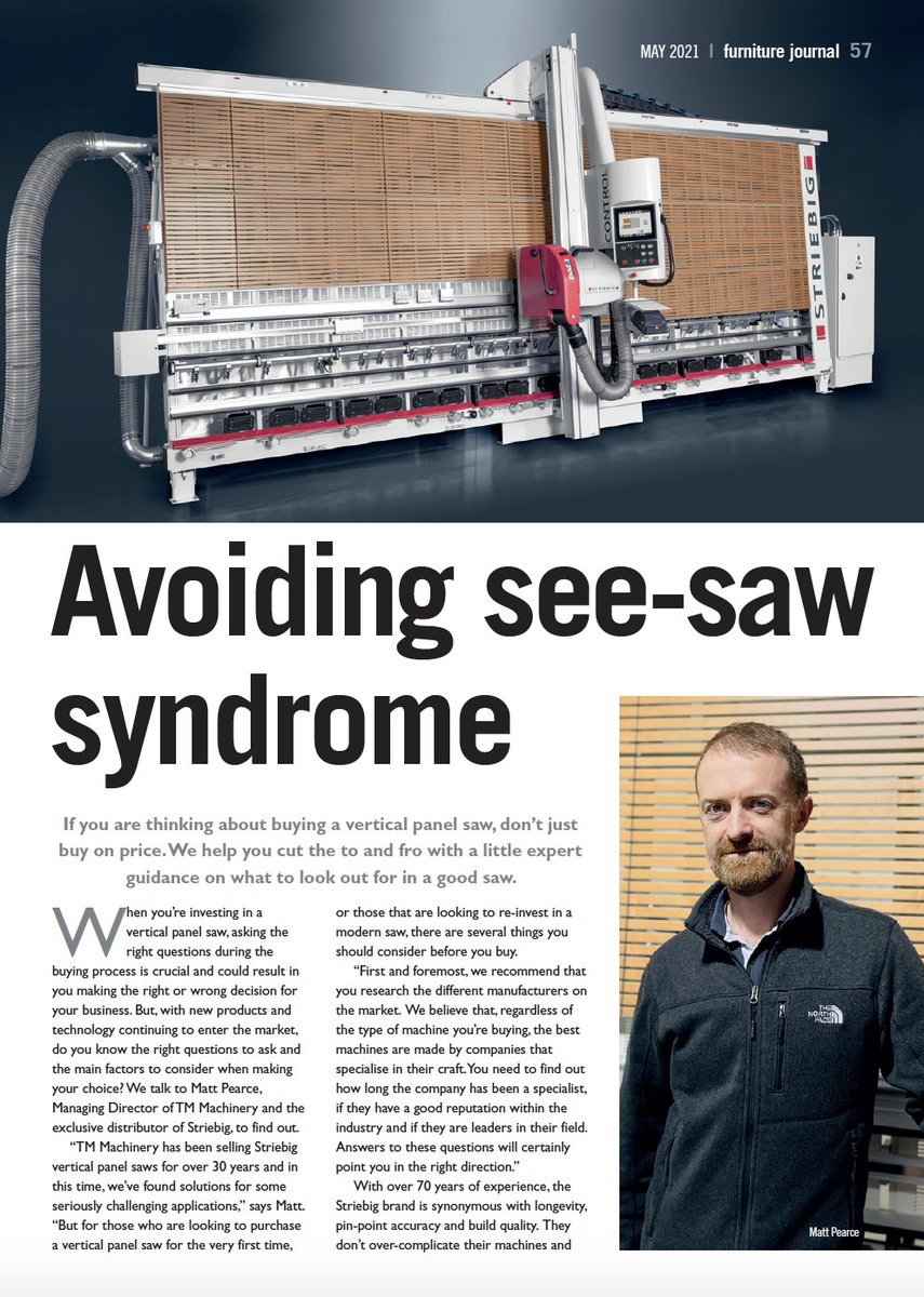 Looking for some #MondayMotivation? This month, we've been featured in Furniture Journal discussing how you can avoid the common pitfalls when buying a vertical panel saw. Read the full article on pages 57-61 of the May issue or on our website: tmmachinery.co.uk/common-questio…

#Striebig
