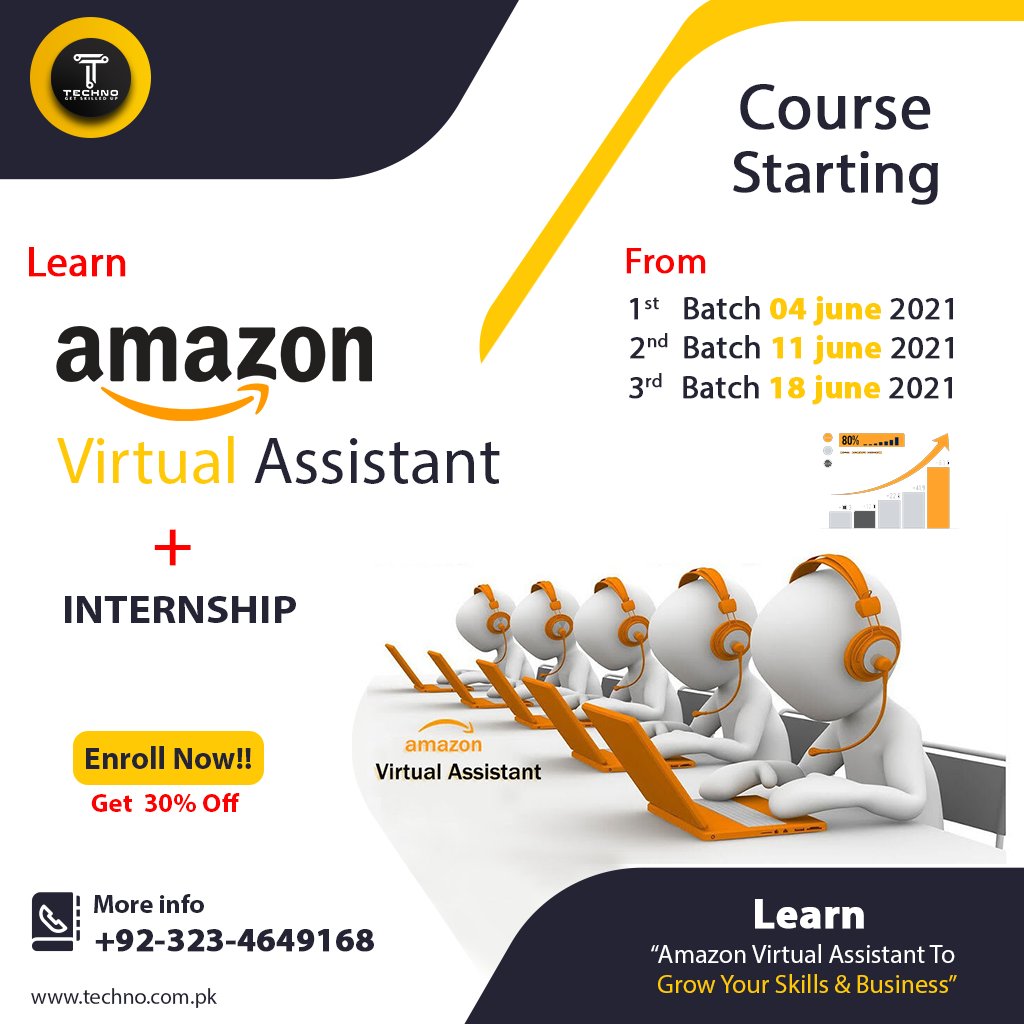 Techno_GSU's tweet photo. Amazon Virtual Assistant Course
Duration: 2 Months along with Internship
Timing: 1 hour 30 min
For Registration: https://t.co/WtbElYW6Ko
#learning #amazon #amazonvirtualasistant #virtualassistant #ITCourses #newbatches #courses2021 #lahore #education #students https://t.co/DFbaZ6KJOX