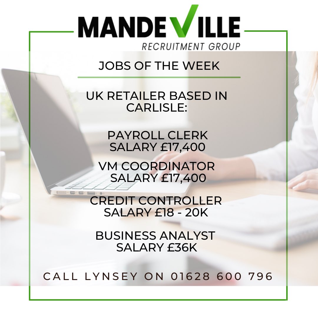 MandevilleGroup's tweet photo. What a way to start the week!
 We have these fantastic opportunities available, plus more with a well-established UK retailer based in Carlisle. If you are looking or know of anyone who is contact for more details: lynseyb@mrgretail.co.uk or call 01628 600 796.#carlislejobs https://t.co/GLpSOSkyGj