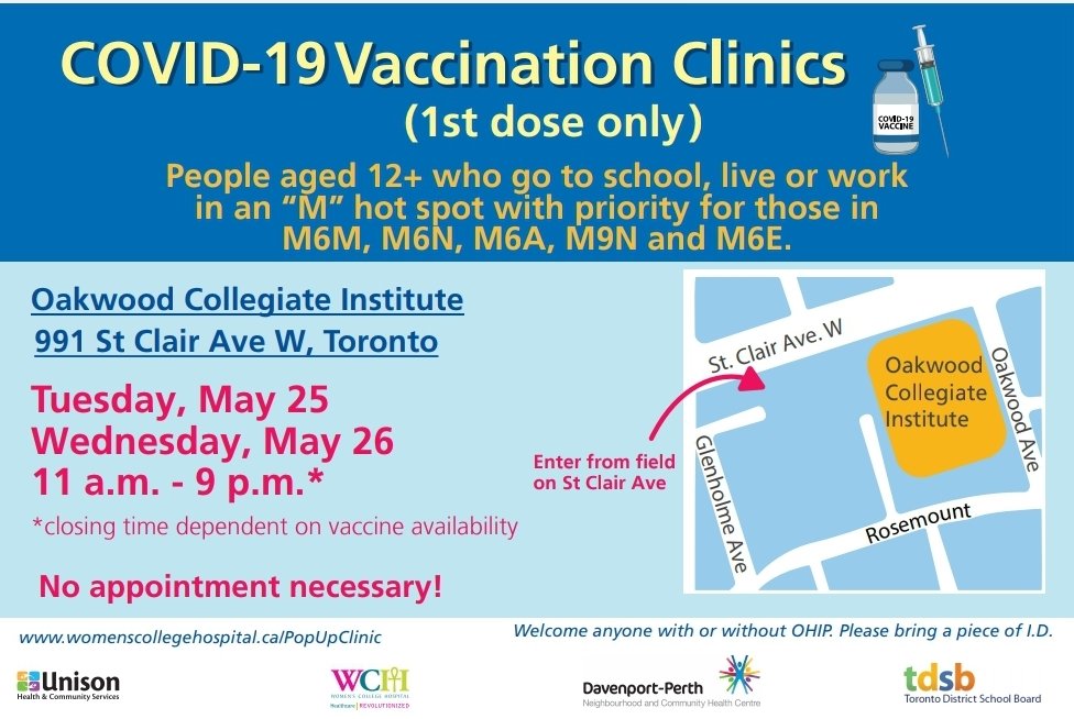 Update on eligibility for <a href="/WCHospital/">Women's College Hospital</a> <a href="/UnisonHCS/">Unison Health & Community Services</a> pop up COVID-19 vaccination clinic. Bring a friend. #GetVaccinated 💉 <a href="/StephMDonaldson/">Stephanie Donaldson</a> <a href="/maritstiles/">Marit Stiles</a> <a href="/ErinAltosaar/">Erin Altosaar</a>