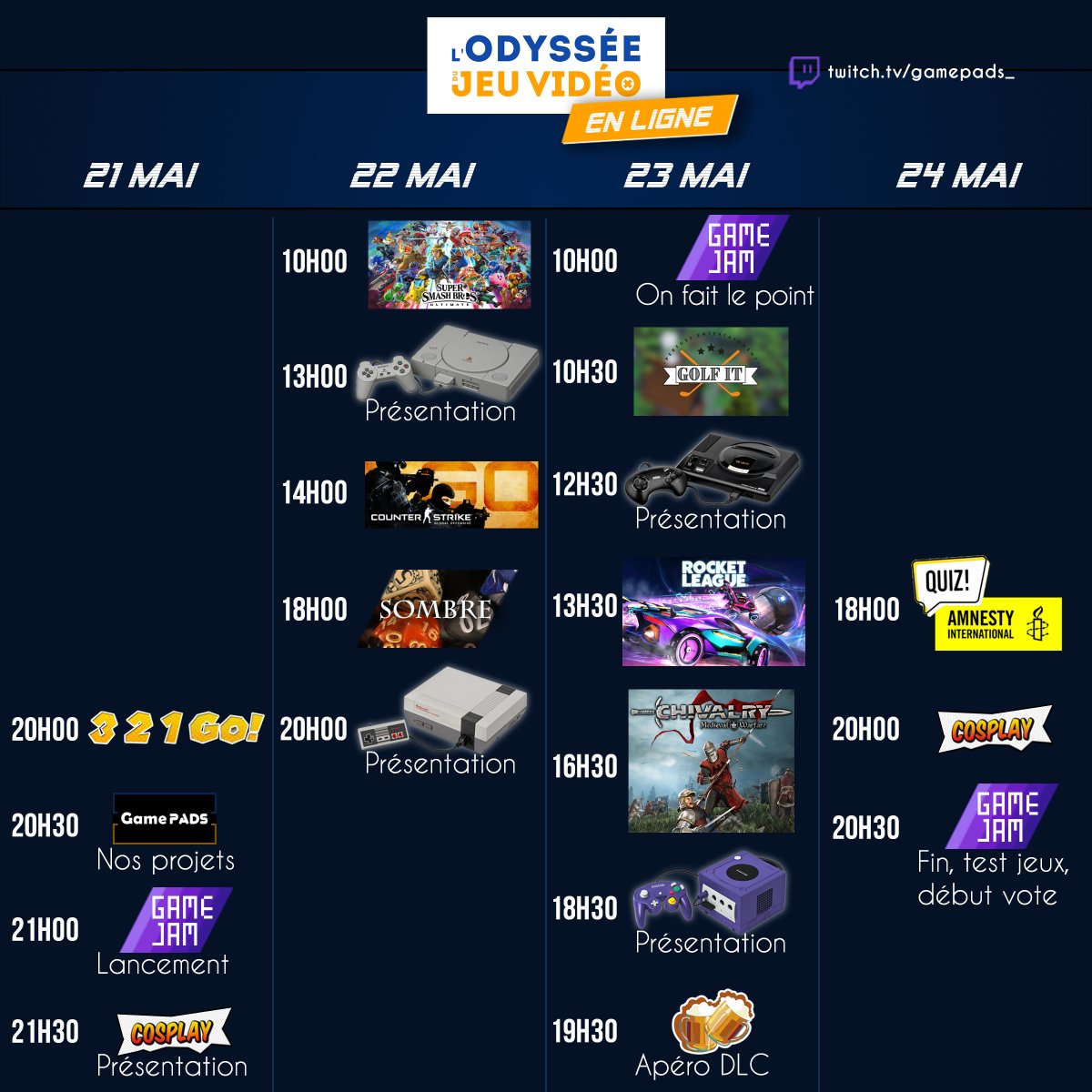 Gamepads_'s tweet photo. #ODJV en ligne, dernier jour : 
A 18h, l’#Amesty Quiz. Venez tester vos connaissances ! 🧐
A 20h, résultat du concours #cosplay. Vous pouvez encore voter ici https://t.co/Yzz56lDCTi 🥷
A 20h30, présentation du jeu réalisé pour cette 1ère #GameJam 🎮
Sur https://t.co/dqRBEZM9hB ;) https://t.co/WgHuRFTqnd