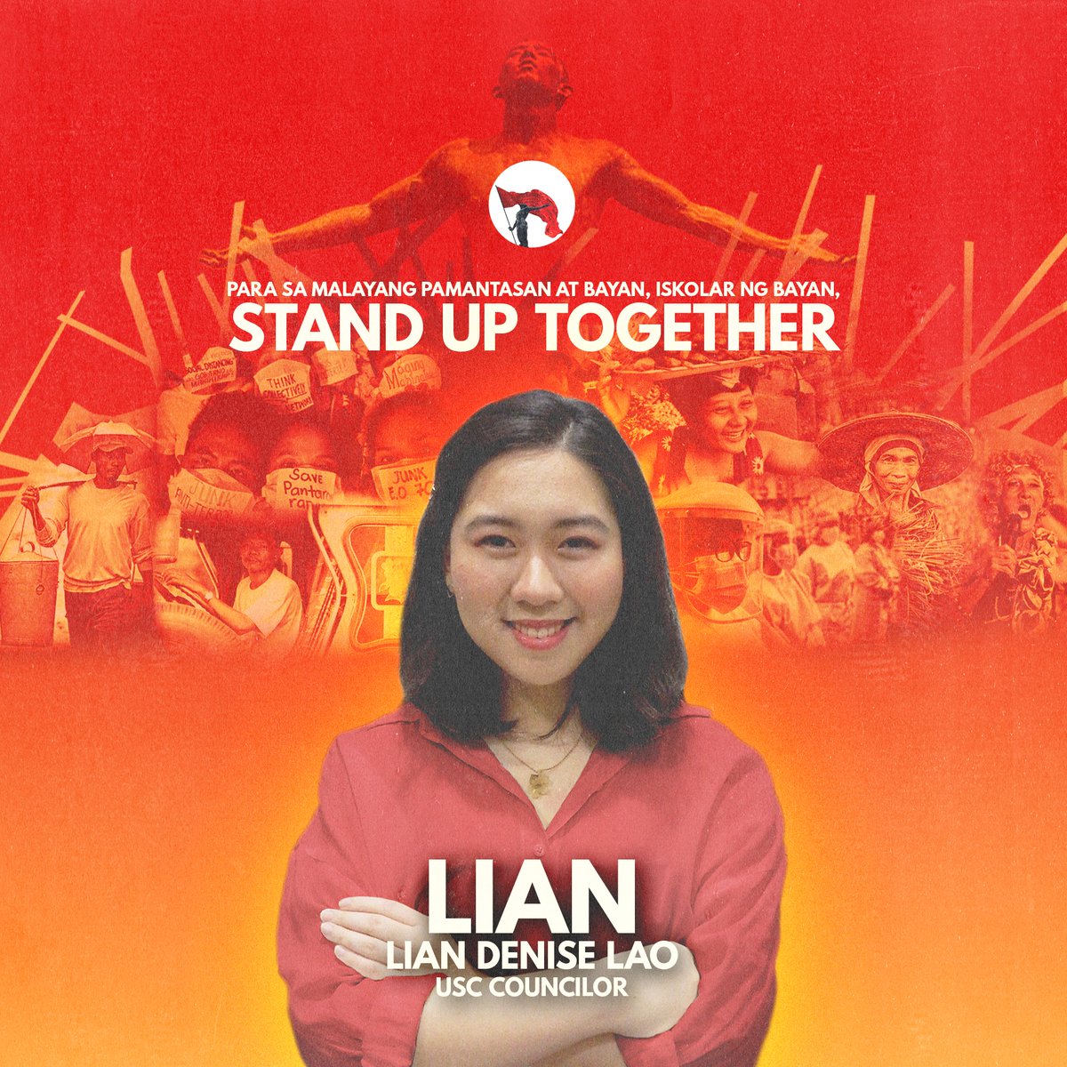 STANDwithLIAN's tweet photo. Para sa siyentipiko at makamasang pag-unlad, Iskolar ng Bayan, stand up together!

Ako si Lian Lao, your incumbent ESC EI, ngayon ang inyong USC Environmental Concerns Councilor.

#iLaoNgKinabukasan
#DefendUP
#StandUpTogether https://t.co/aBQ5AFcW8K