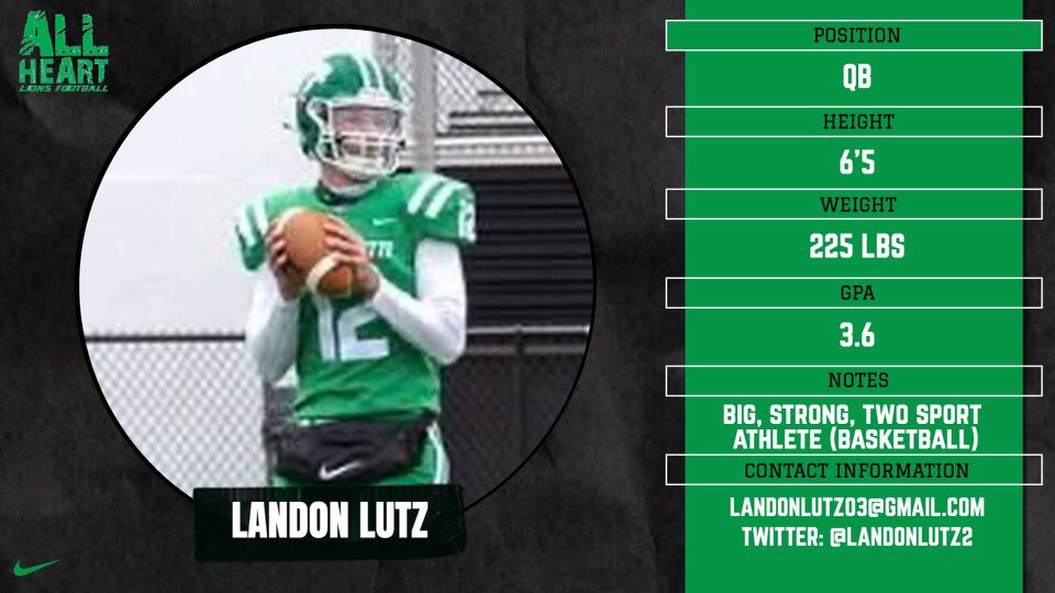 SOUTH FAYETTE (PA) 6’5 220 QB
Landon Lutz (<a href="/LandonLutz2/">Landon Lutz</a>) is a Pro style QB who can move around in the pocket. He has shown the ability to equally throw and run as he becomes a first year starter for the LIONS. Love that he gets up and down on hoops court as well. 
#AllHeart💚🤍