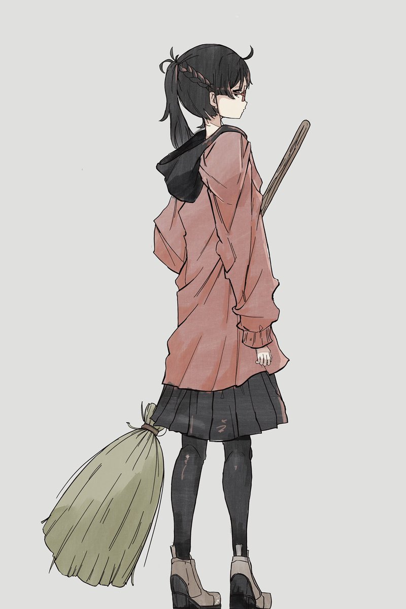 1girl solo broom skirt pantyhose black hair simple background  illustration images